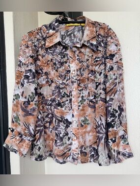 Vintage Lloyd Williams Blouse Brown/Purple Floral 3/4 Sleeve Semi-Sheer Ruffle M